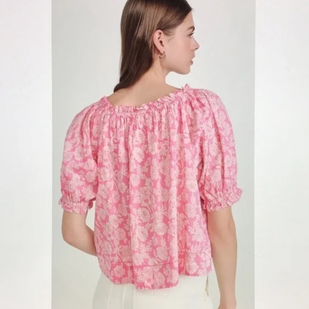 THE GREAT Garland Puff Sleeve Top Bright Rouge Wild Brush Floral Pink Women’s M - Picture 2 of 13